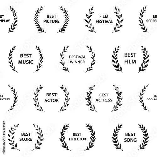 Black and white film award wreaths. Seamless pattern. Vector illustration.
