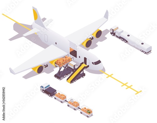 Isometric airplane in the parking lot preparing for departure. Loading cargo and baggage, airplane ground service cars around. Concept scene.