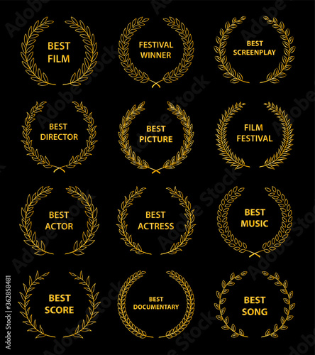 Film Awards. Gold award wreaths on black background. Vector illustration.