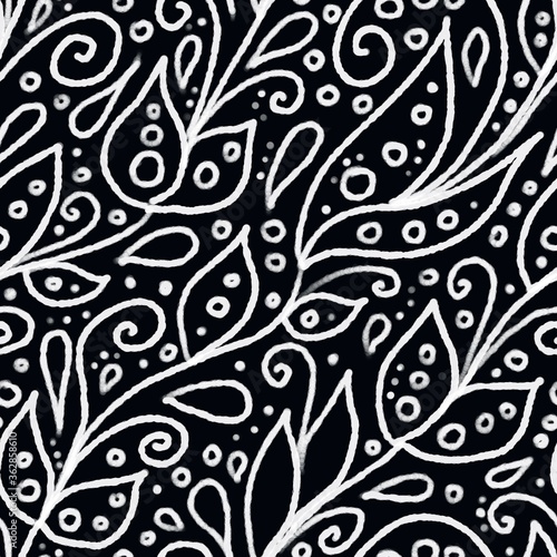 Hand-drawn black and white abstract floral seamless pattern. One color outline texture on dark background consists of leaves  circles  dots  swirls and drops. Wrapping paper  scrapbooking  textile.