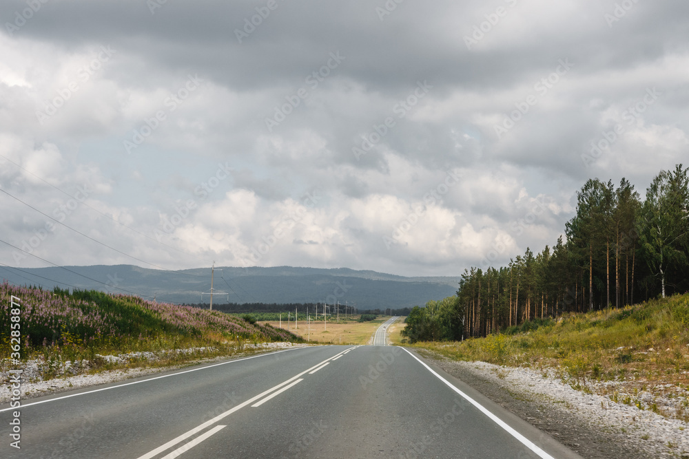 View from a moving car on a road View from a moving car on a road