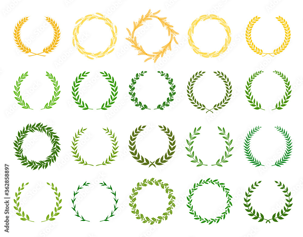 Collection of different silhouette circular laurel foliate, wheat and oak wreaths depicting an award, achievement, heraldry, nobility. Vector illustration. Collection of different silhouette circular laurel foliate, wheat and oak wreaths depicting an award, achievement, heraldry, nobility. Vector illustration.