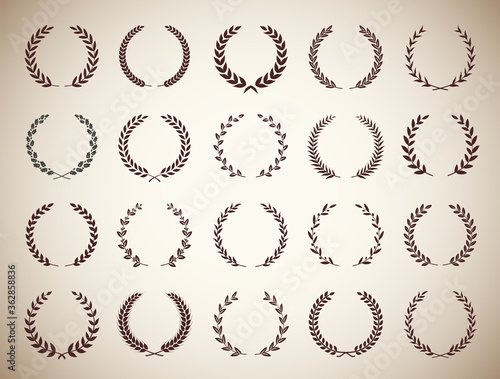 Collection of twenty circular vintage laurel wreaths. Can be used as design elements in heraldry on an award certificate manuscript and to symbolise victory illustration in silhouette