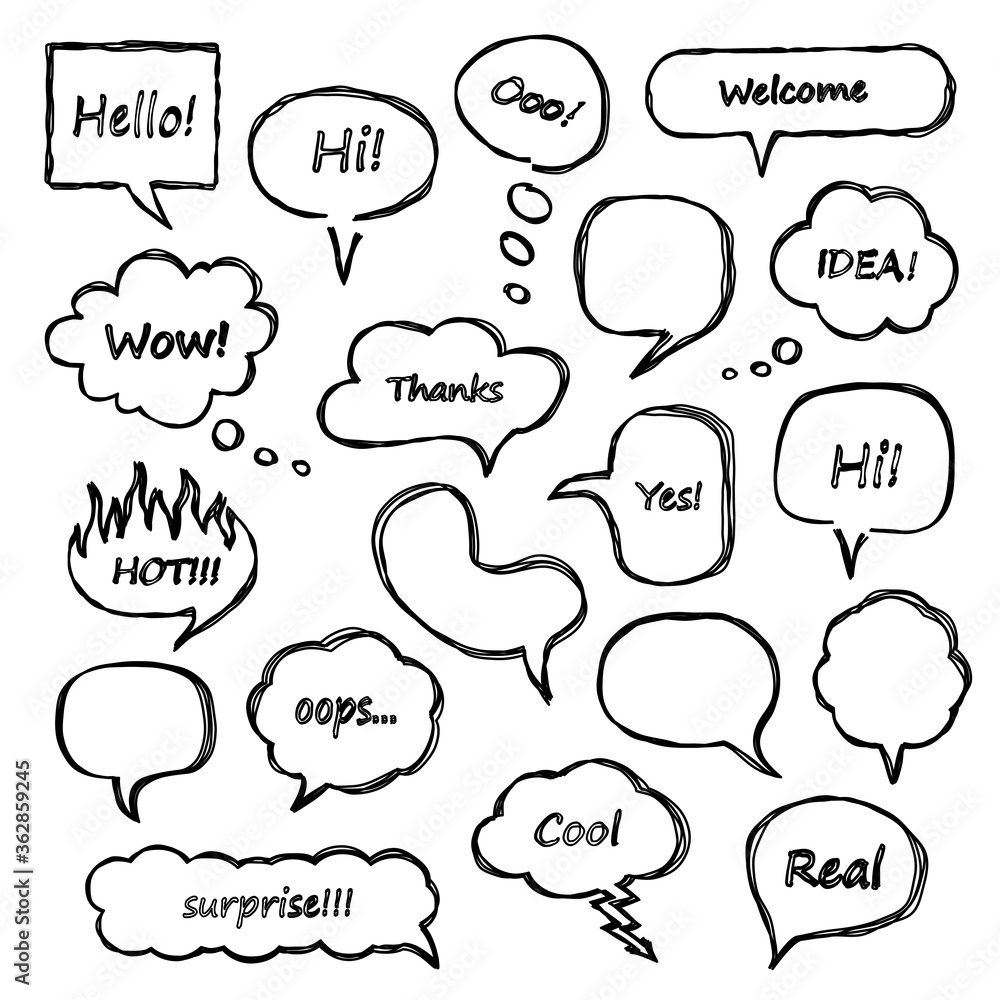 Set of scribbled comic speech bubbles with hand drawn doodle style. Vector talk and thought sketch bubbles. Set of scribbled comic speech bubbles with hand drawn doodle style. Vector talk and thought sketch bubbles.