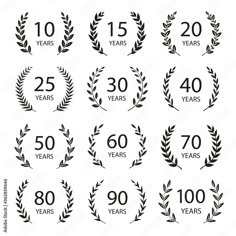 Set of anniversary laurel wreaths. Black and white anniversary symbols. 10, 15, 20, 25, 30, 40, 50, 60, 70, 80, 90, 100 years. Template for award and congratulation design. Vector illustration. Set of anniversary laurel wreaths. Black and white anniversary symbols. 10, 15, 20, 25, 30, 40, 50, 60, 70, 80, 90, 100 years. Template for award and congratulation design. Vector illustration.