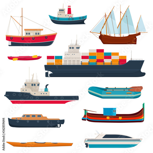 Set of different ships and boats. Water transport.  Vector illustration