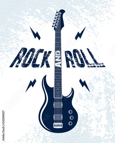 Rock and Roll emblem with electric guitar vector logo, concert festival or night club label, music theme illustration, guitar shop or t-shirt print, rock band sign with stylish typography.