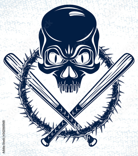 Gang brutal criminal emblem or logo with aggressive skull baseball bats design elements, vector anarchy crime terror retro style, ghetto revolutionary.