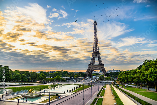 The famous Eiffel tower during sunrise.
