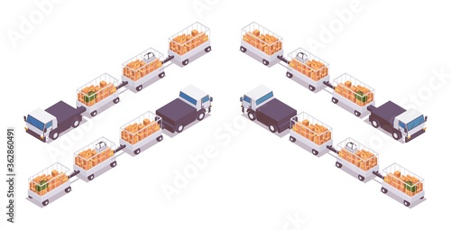 Isometric set of electric baggage tractors with open trailers for transporting luggage to the plane with cargo and baggage
