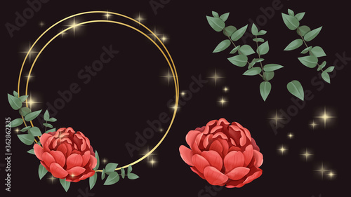 Red flower, gold circle frame and sparkle vector illustration, Flowers can be disassembled for decoration. dark color background. Vector illuatration. 
