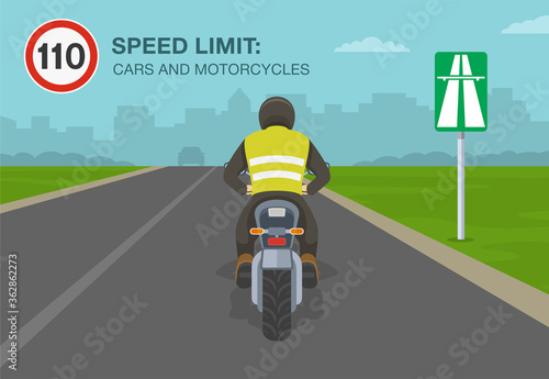 Cars and motorcycles on a motorway, highway speed limit. Back view of a motorcycle rider. Flat vector illustration template.