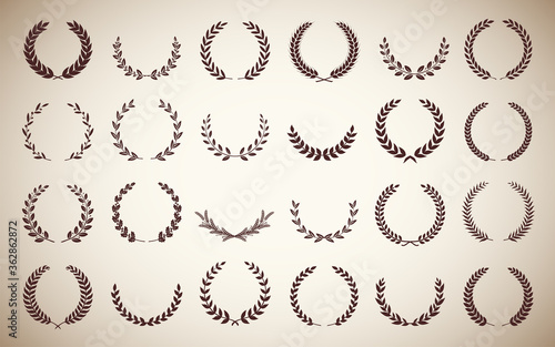 Collection circular vintage laurel wreaths. Can be used as design elements in heraldry on an award certificate manuscript and to symbolise victory illustration in silhouette