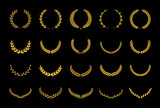 Collection of different golden silhouette laurel foliate, wheat and olive wreaths depicting an award, achievement, heraldry, nobility. Vector illustration.