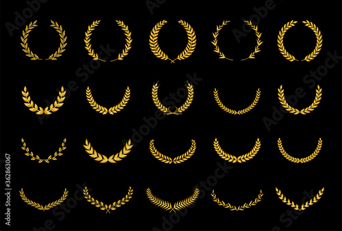 Collection of different golden silhouette laurel foliate, wheat and olive wreaths depicting an award, achievement, heraldry, nobility. Vector illustration.