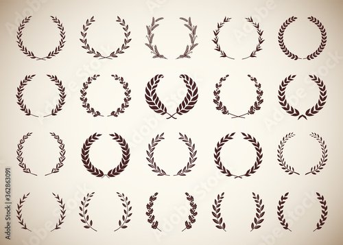 Collection circular vintage laurel wreaths. Can be used as design elements in heraldry on an award certificate manuscript and to symbolise victory illustration in silhouette