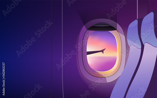 View from airplane window. Wing of an airplane flying above the clouds at sunset. Realistic vector illustration
