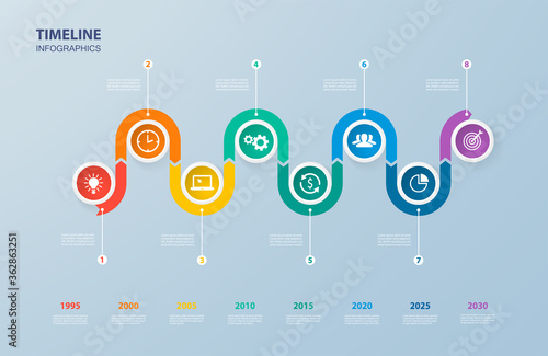Infographics timeline template with realistic colorful circles for 8 steps and icons. Can be used for workflow layout, diagram, number options, step up options, web design, infographics, presentations