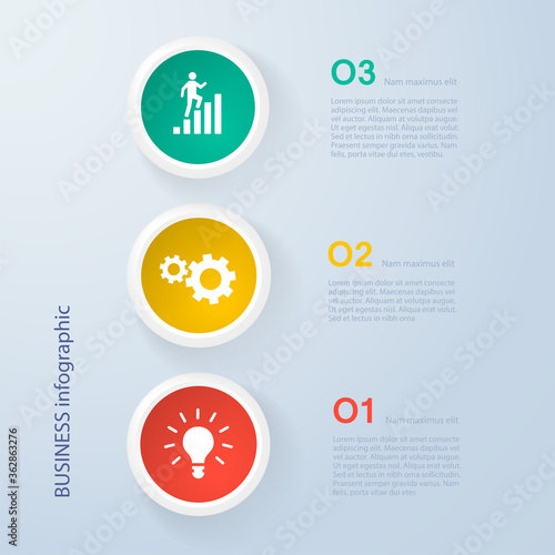 Infographics timeline template with realistic colorful circles for 3 steps and icons. Can be used for workflow layout, diagram, number options, step up options, web design, infographics, presentations