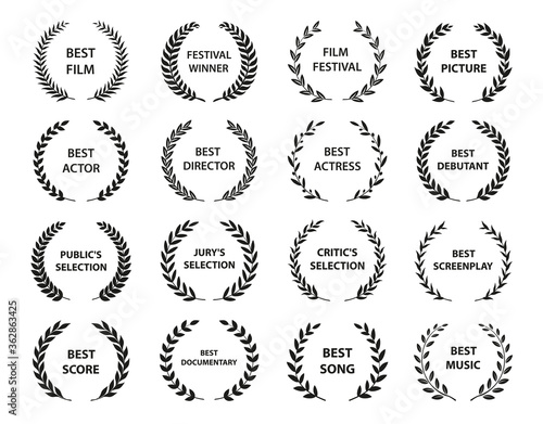 Film Awards. Set of black and white silhouette award wreath. Vector illustration.