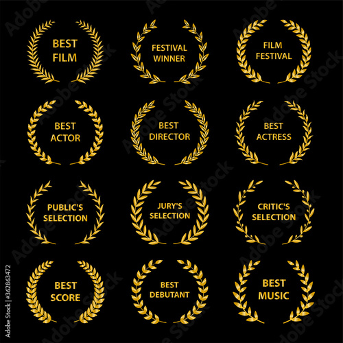 Film Awards. Gold award wreaths on black background. Vector illustration.