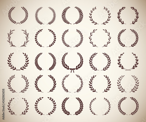 Collection circular vintage laurel wreaths. Can be used as design elements in heraldry on an award certificate manuscript and to symbolise victory illustration in silhouette