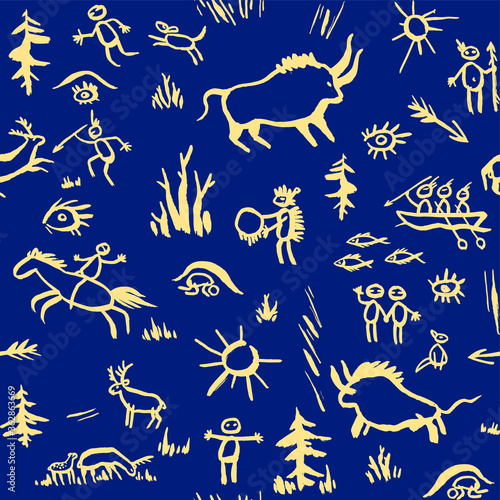 Vector seamless pattern with primitive pictures in paleolithic petroglyphe style. Stone age people and animals.