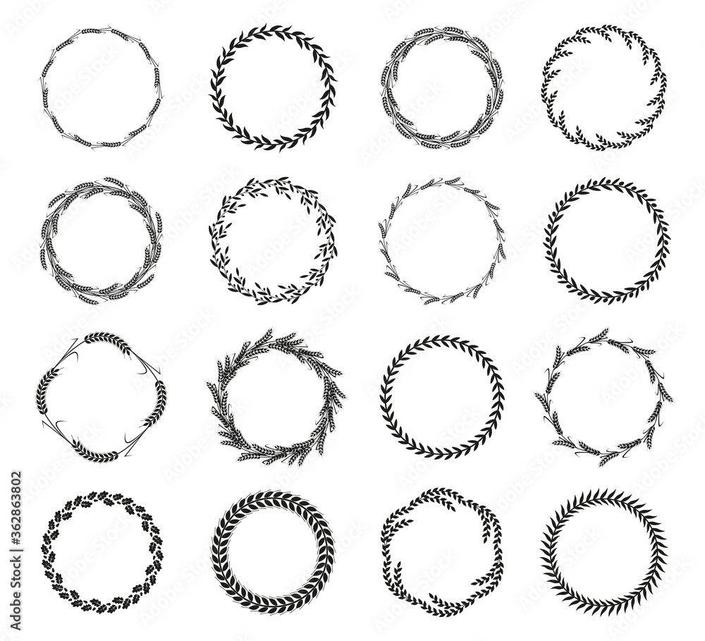 Collection of different black and white silhouette circular laurel foliate, wheat and oak wreaths depicting an award, achievement, heraldry, nobility. Vector illustration. Collection of different black and white silhouette circular laurel foliate, wheat and oak wreaths depicting an award, achievement, heraldry, nobility. Vector illustration.