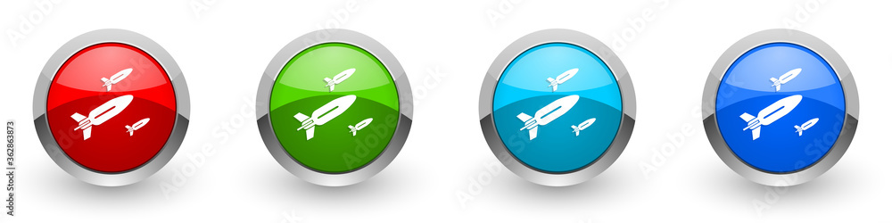 Missile silver metallic glossy icons, rocket, weapon, war concept set of modern design buttons for web, internet and mobile applications in four colors options isolated on white background Missile silver metallic glossy icons, rocket, weapon, war concept set of modern design buttons for web, internet and mobile applications in four colors options isolated on white background