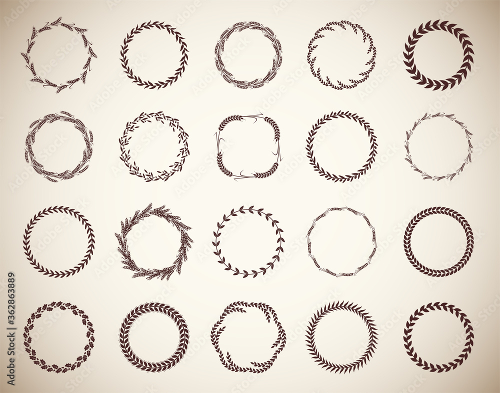 Collection of twenty circular vintage laurel wreaths. Can be used as design elements in heraldry on an award certificate manuscript and to symbolise victory illustration in silhouette