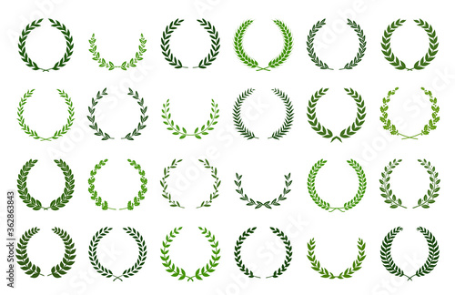 Set of different silhouette circular laurel foliate, olive and oak wreaths depicting an award, achievement, heraldry, nobility. Vector illustration.