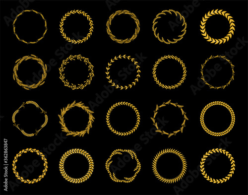 Collection of twenty golden circular laurel, olive and oak wreaths for use as design elements in heraldry on an award certificate manuscript and to symbolise victory illustration in silhouette.