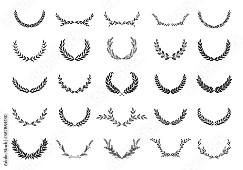 Collection of different black and white silhouette circular laurel foliate, wheat and oak wreaths depicting an award, achievement, heraldry, nobility. Vector illustration.