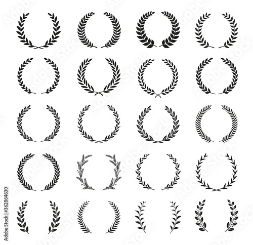 Collection of different black and white silhouette circular laurel foliate, wheat and olive wreaths depicting an award, achievement, heraldry, nobility. Vector illustration.