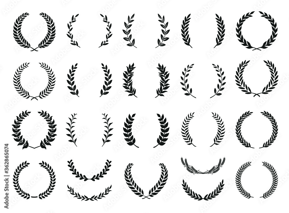 Collection of different black and white silhouette circular laurel foliate, wheat and olive wreaths depicting an award, achievement, heraldry, nobility. Vector illustration. Collection of different black and white silhouette circular laurel foliate, wheat and olive wreaths depicting an award, achievement, heraldry, nobility. Vector illustration.
