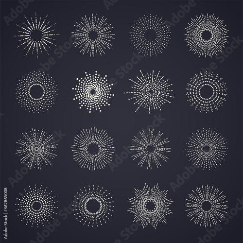 Vintage sunburst collection with geometric shape. Elements for icons and logos. Badge and burst, ray graphic, light ray, vintage design, collection element radial.. Vector illustration.