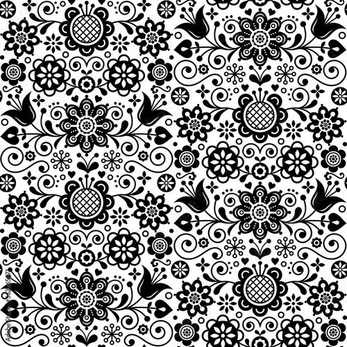 Floral seamless folk art vector pattern, Scandinavian black and white repetitive design, Nordic ornament with birds, hearts and flowers