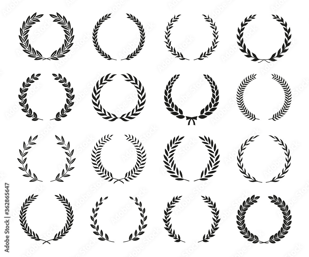 Obraz premium Set of black and white silhouette laurel foliate wreaths depicting an award, achievement, heraldry, nobility. Can be used as design elements in heraldry, on an award certificate, emblem, logo