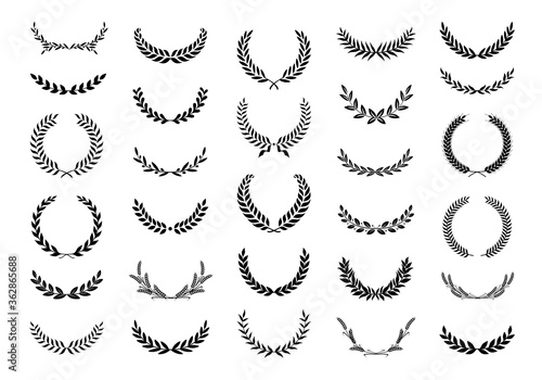 Collection of different black and white silhouette circular laurel foliate, wheat and oak wreaths depicting an award, achievement, heraldry, nobility. Vector illustration.