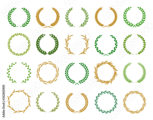 Collection of different silhouette circular laurel foliate, wheat, oak and olive wreaths depicting an award, achievement, heraldry, nobility. Vector illustration.