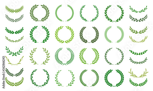 Set of green silhouette laurel foliate wreaths depicting an award, achievement, heraldry, nobility. Vector illustration.