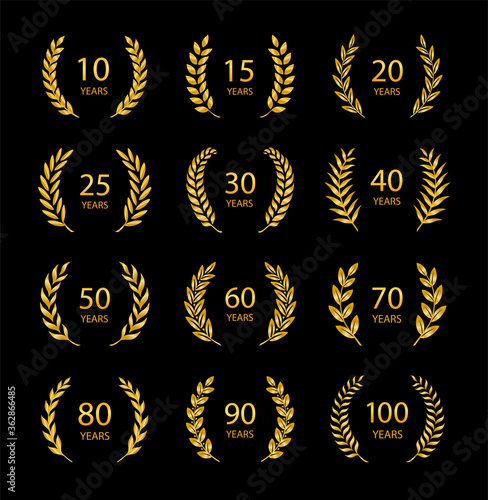 Set of anniversary laurel wreaths. Golden anniversary symbols. 10, 15, 20, 25, 30, 40, 50, 60, 70, 80, 90, 100 years. Template for award and congratulation design. Vector illustration.
