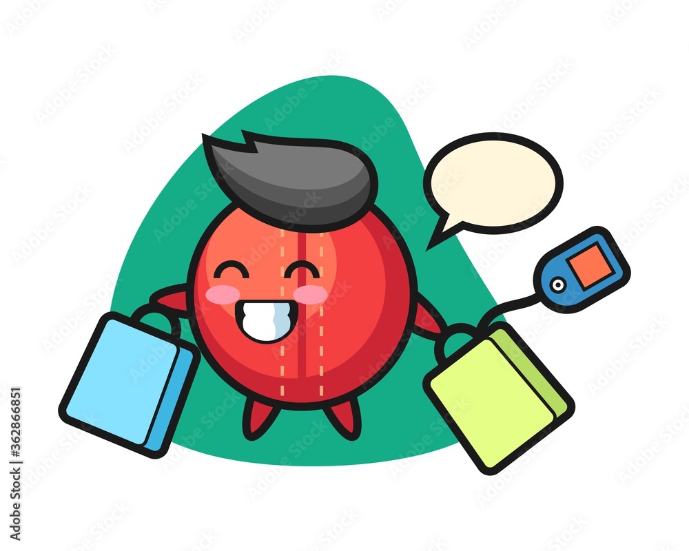 Cricket ball cartoon holding a shopping bag Cricket ball cartoon holding a shopping bag
