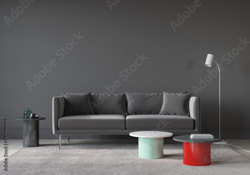 Living room interior with gray sofa and modern color tables with marble countertops