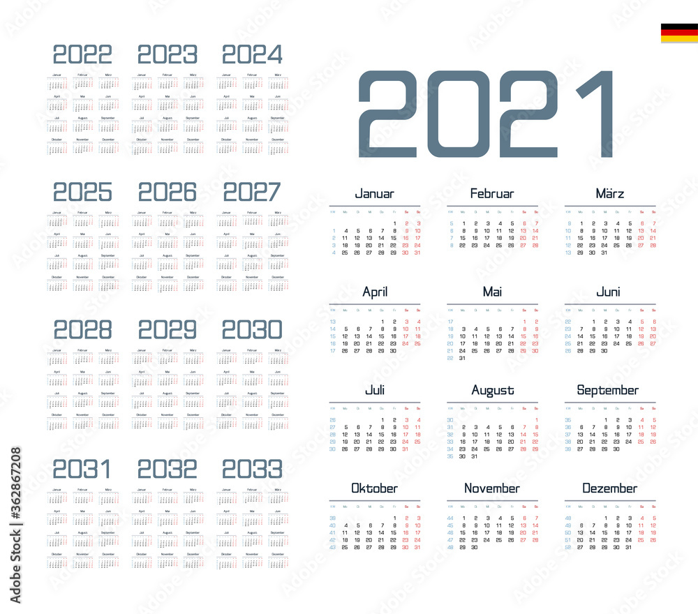 German Calendar for 2021-2033. Week starts on Monday German Calendar for 2021-2033. Week starts on Monday