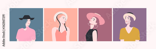 Set of beautiful ladies in hat. Minimalist style. Trendy vector illustration.