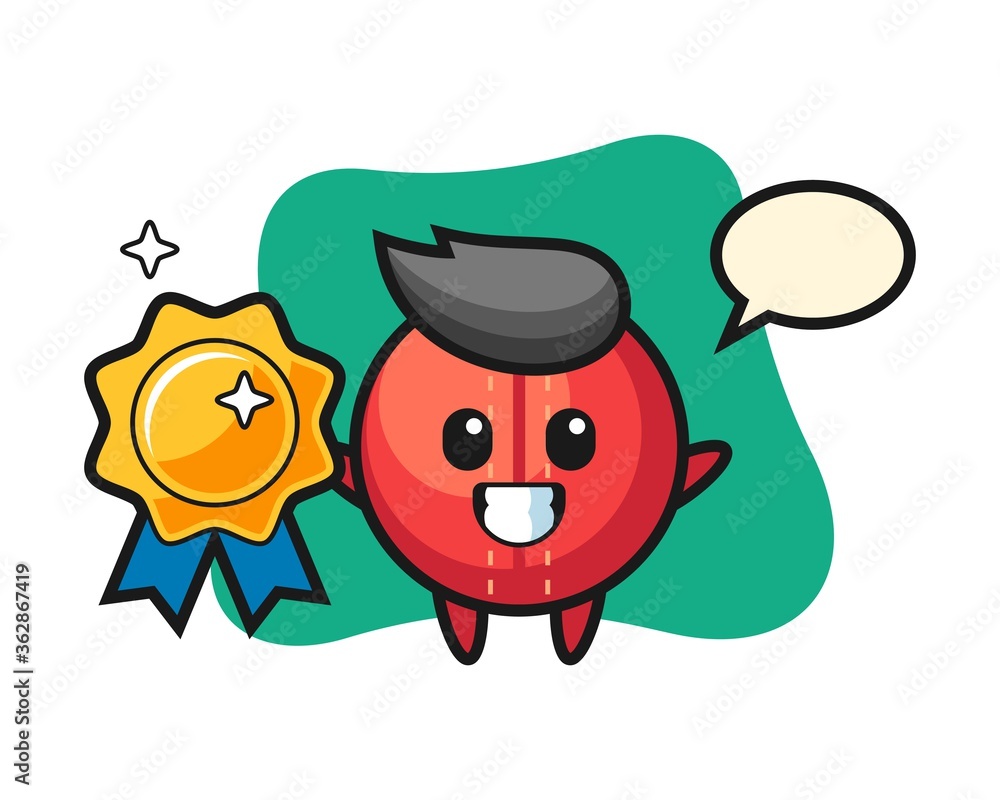 Fototapeta premium Cricket ball cartoon holding a golden badge