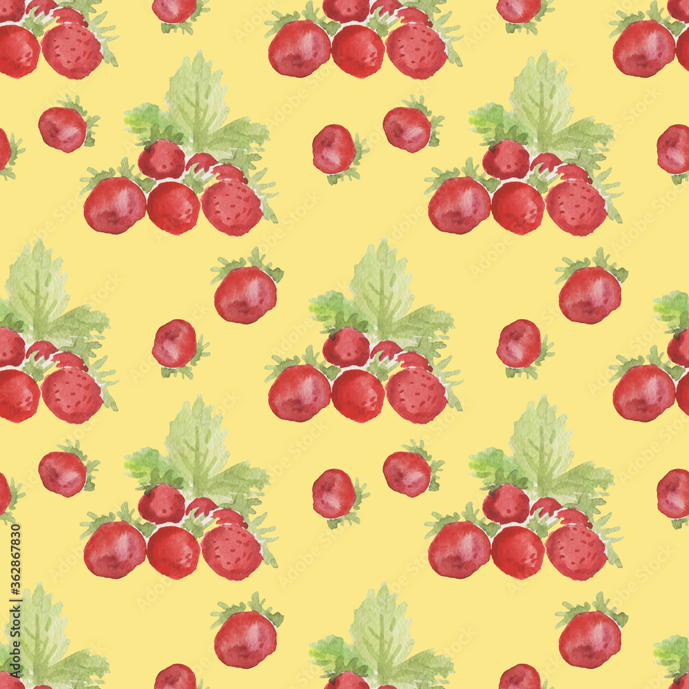
Seamless pattern. Watercolor hand-drawn illustration. Berries and leaves of strawberries, strawberries. Natural healthy products, fresh. Fruits and vegetarian food. Print, textile, paper.