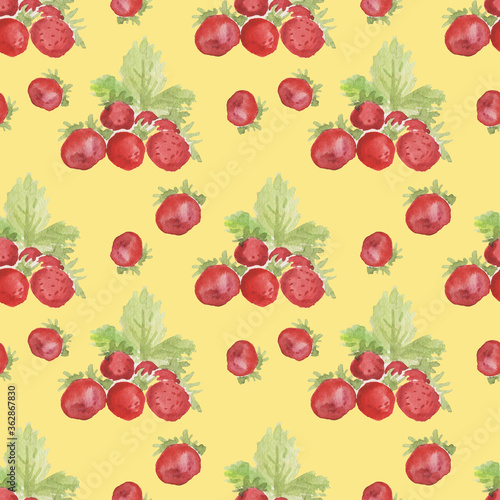 Fototapeta Naklejka Na Ścianę i Meble -  
Seamless pattern. Watercolor hand-drawn illustration. Berries and leaves of strawberries, strawberries. Natural healthy products, fresh. Fruits and vegetarian food. Print, textile, paper.