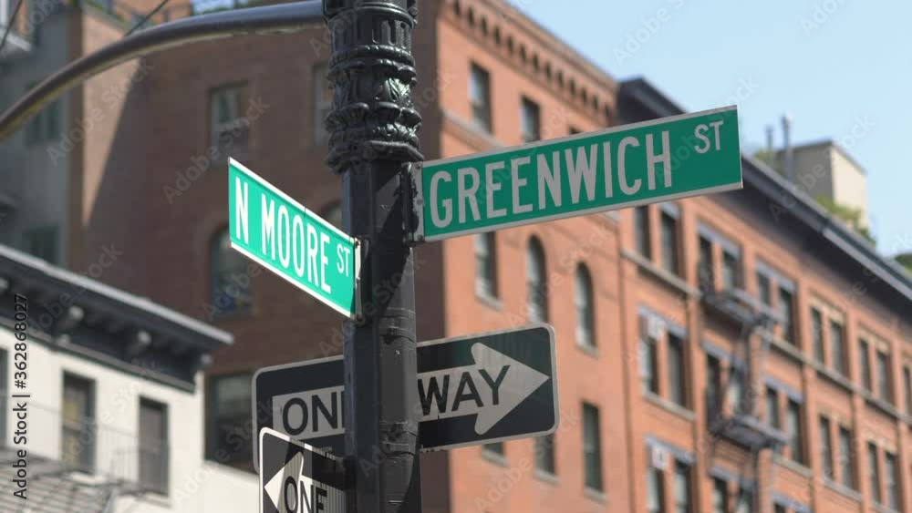 Greenwich and N Moore Street Sign In New York City in 4K Slow motion 60fps Greenwich and N Moore Street Sign In New York City in 4K Slow motion 60fps